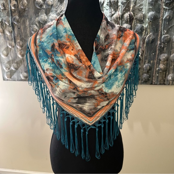 Accessories - Teal & Orange Abstract Fringe Silk-Feel Scarf Wrap